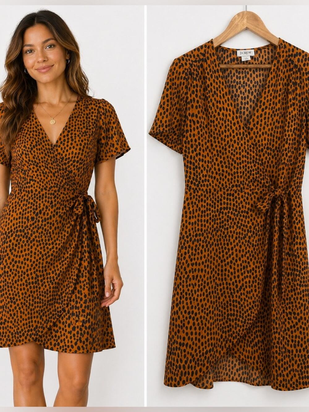 J.Crew Animal Print Wrap Dress Orange Black Cheetah Short Sleeve Size 4 Office